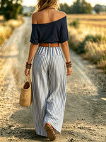 Women's Off-Shoulder Top and Striped Pants Set
