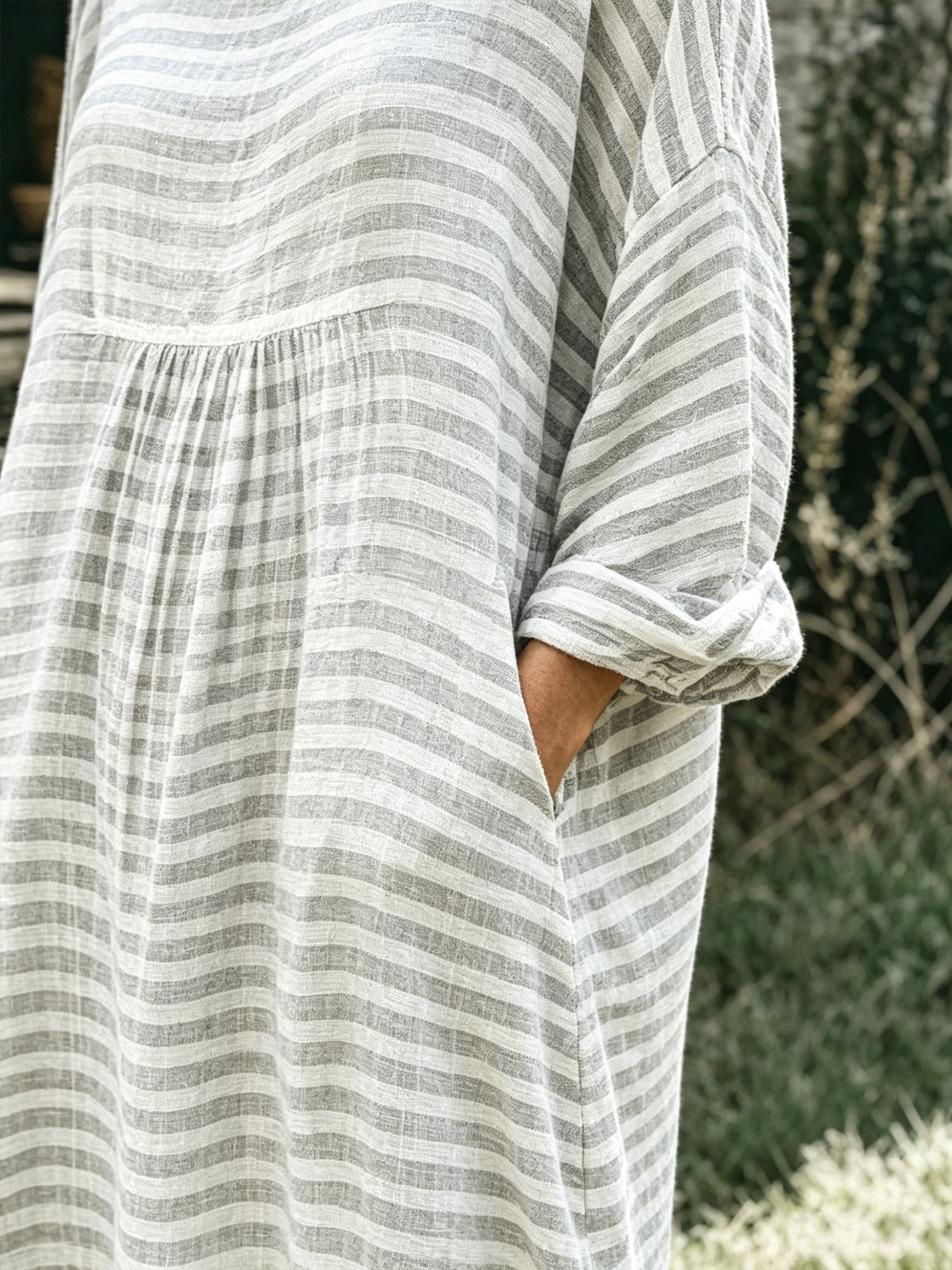 Women's Linen Stripe Loose Pockets Casual Split Flowy Summer Dress