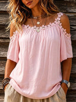 Women’s Floral Lace Cold Shoulder Short Sleeve Loose Boho Blouse