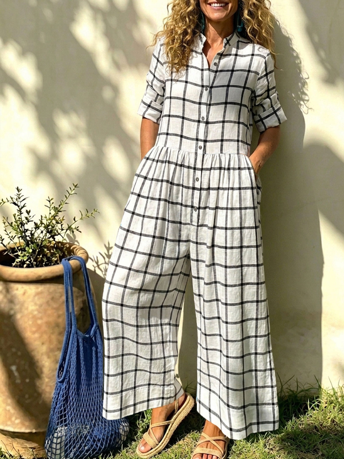 Womens Plaid Button Down Cotton Linen Wide Leg Jumpsuit With Pockets