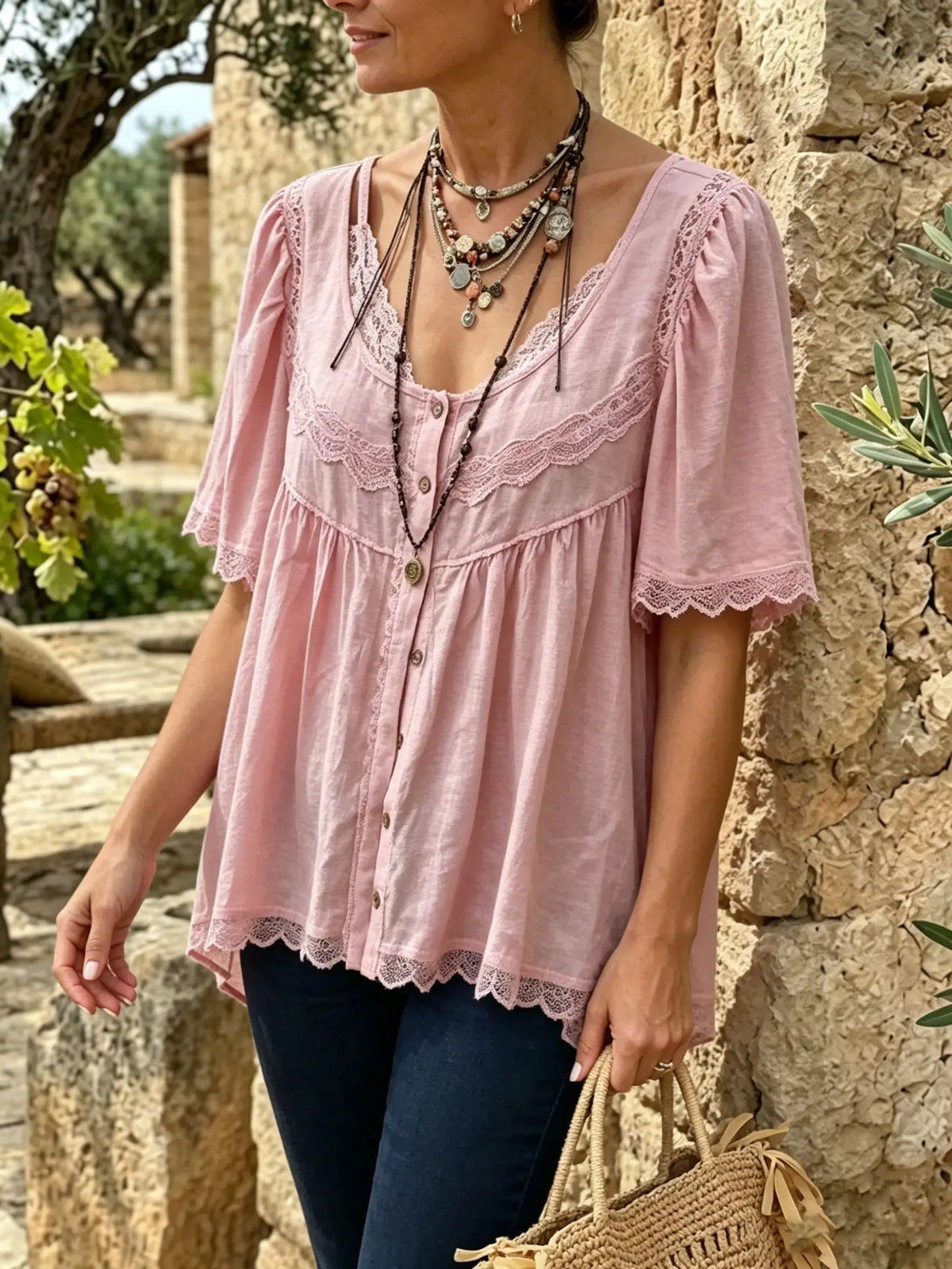 Women's Dusty Pink Lace Trim Blouse