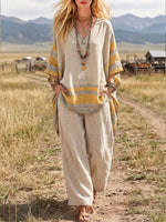 Womens Vintage Tie Dye V Neck Loose Tunic & Wide Leg Pants 2 Piece Linen Set