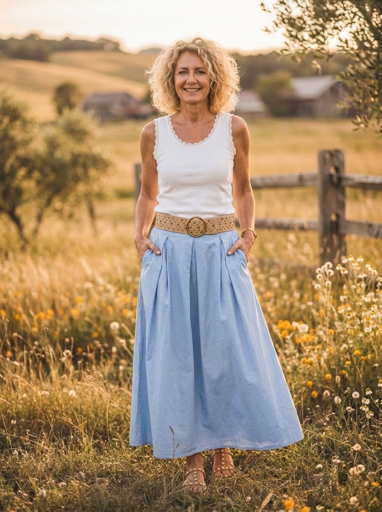 Women's Solid Pleated A-Line Cotton Maxi Skirt with Pockets