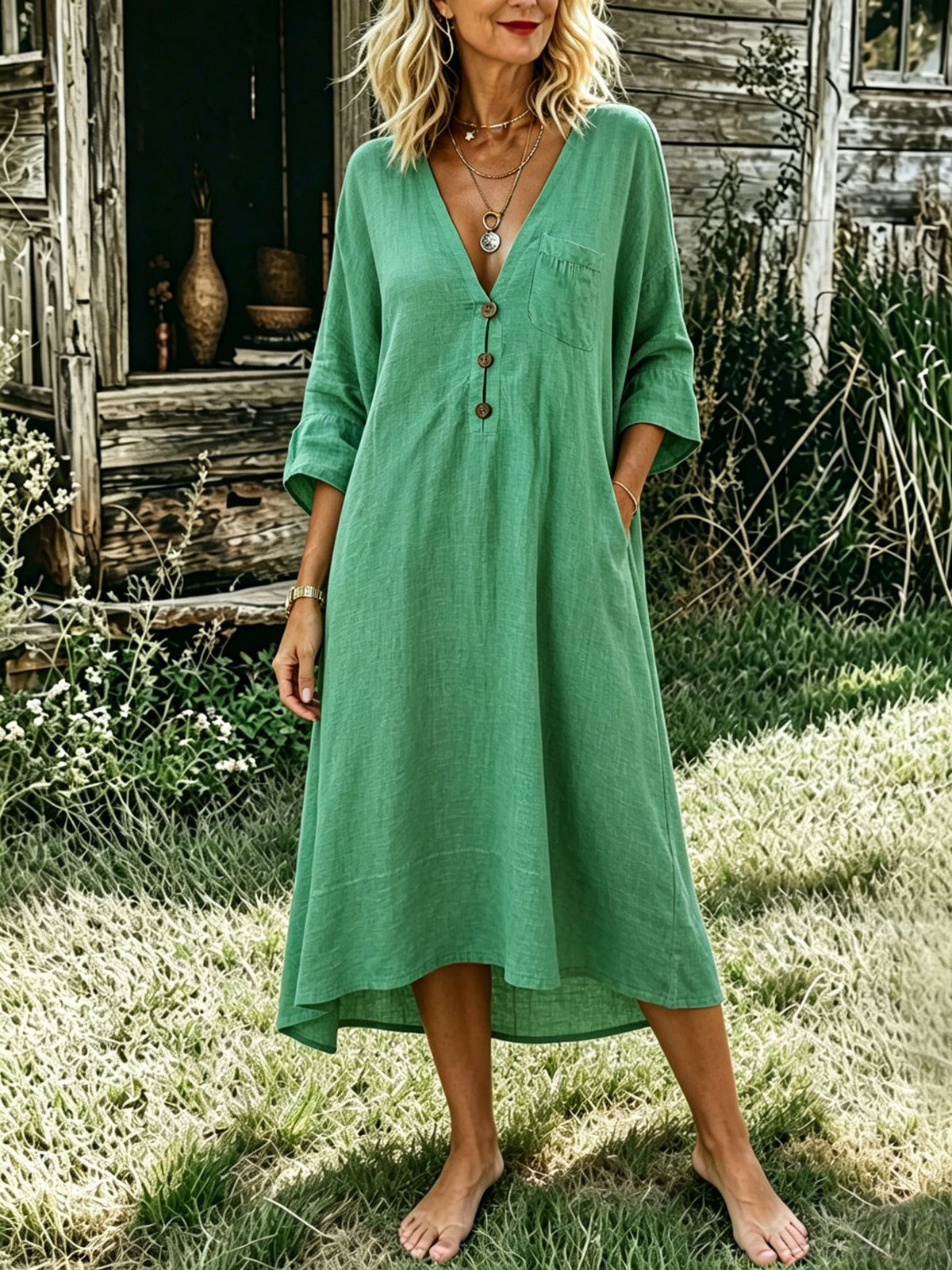 Women’s V-neck Button Linen Midi Dress, 3/4 Sleeve Loose Casual Dress With Pockets