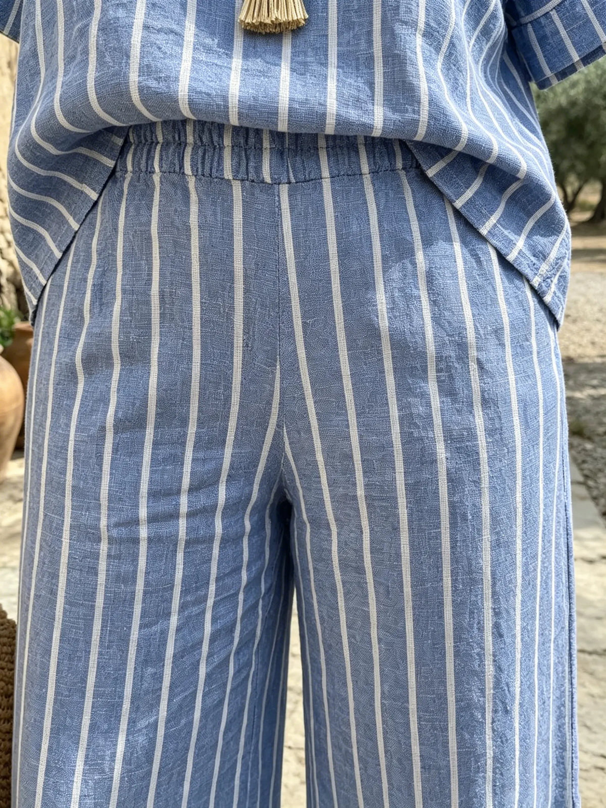 Women's Blue Striped Linen-Blend Set