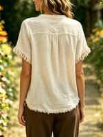 Women's Solid Textured Fringe Trim Short Sleeve V Neck Button Loose Top