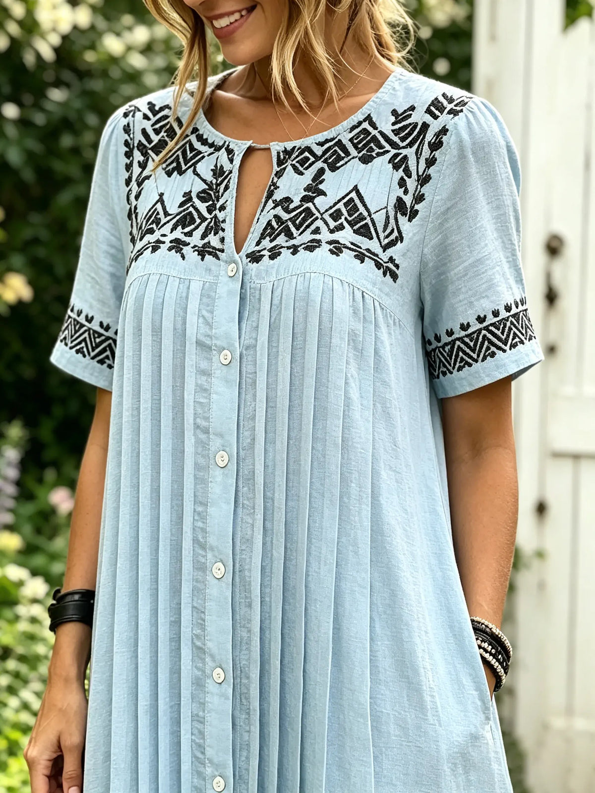 Women Solid Ethnic Embroidery Button Down Short Sleeve Shirt Dress