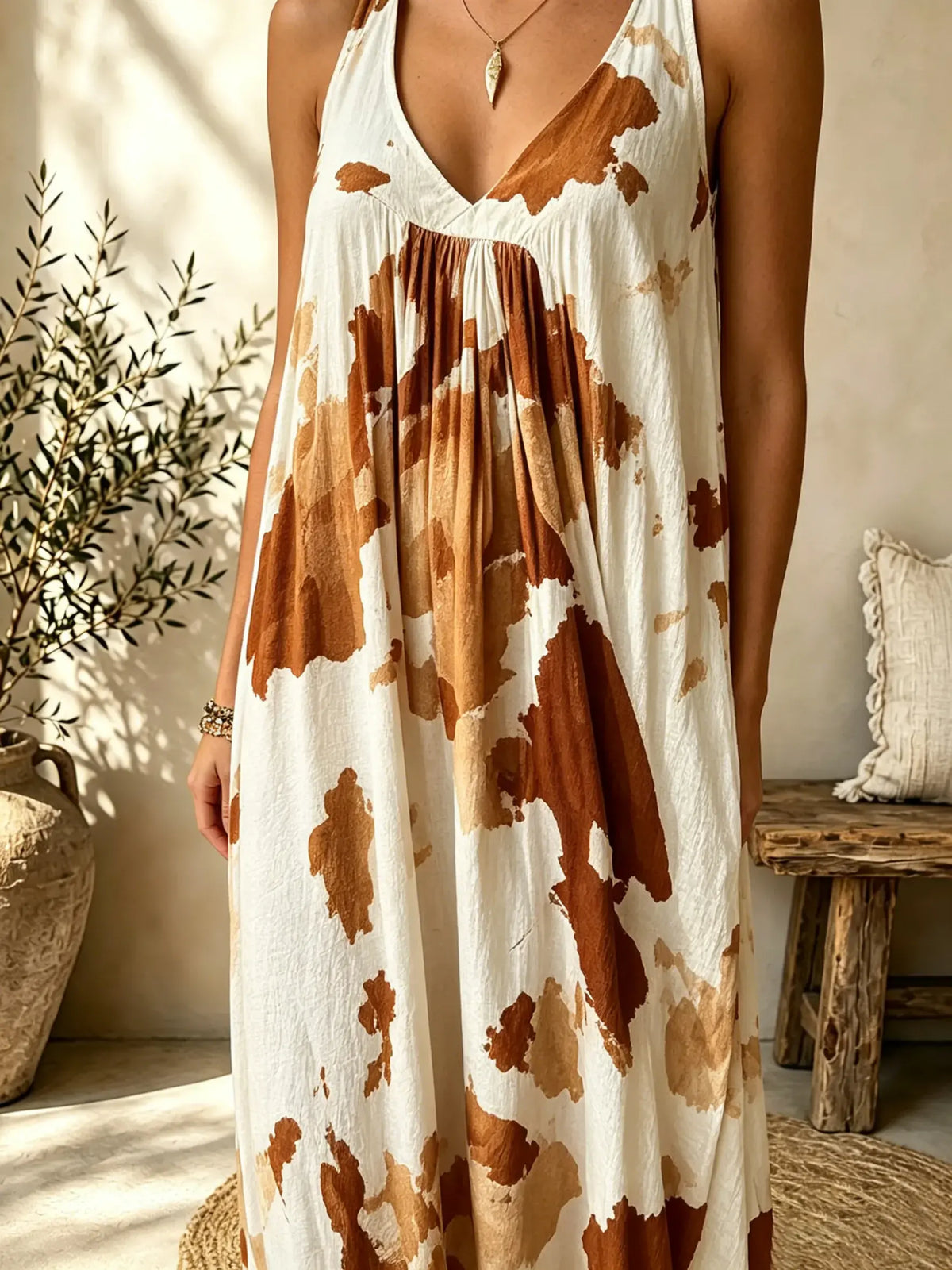 Women Ink Wash Tie Dye V-Neck Sleeveless Flowy Maxi Dress