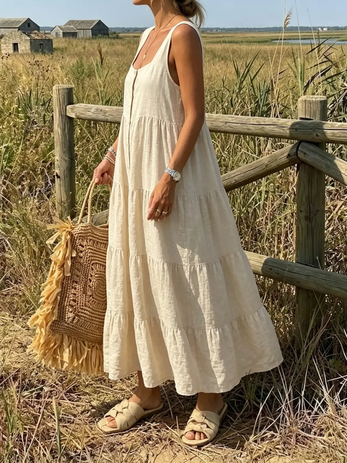 Soft Wheat Sleeveless Tiered Button-Front Dress