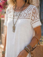 Women’s Lace Yoke Short Sleeve Cotton Linen Shift Dress With Pockets