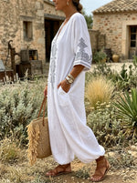 Boho Linen V Neck 3/4 Sleeve Pocket Jumpsuit