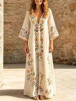 Women's Ethnic Floral Art Casual Stylish V-collar 3/4 Sleeve Cotton Linen Maxi Dress