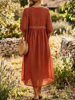 Women's Solid Beaded Trim Gathered Short Sleeve Boho Midi Dress