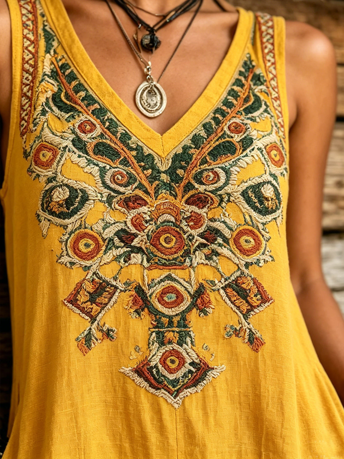 Women's Boho Embroidered Harem Jumpsuit – Sleeveless V-neck Loose Fit Cotton Linen Romper With Pockets