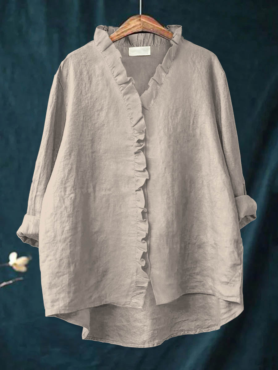 Women's Linen Blend Ruffle V-Neck Blouse