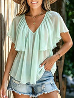 Women Solid Double Ruffle V-Neck Flowy Chiffon Blouse