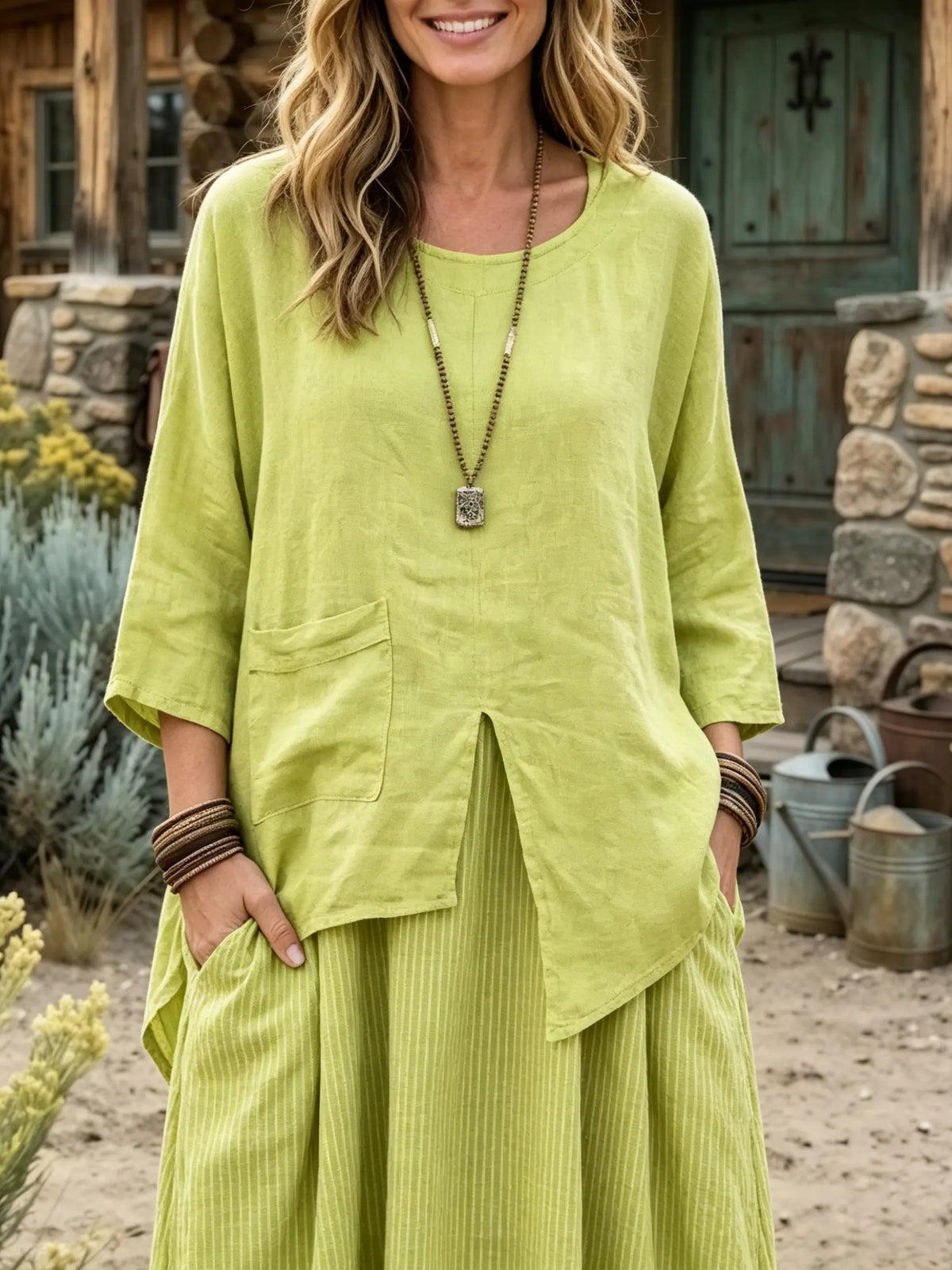 Women's Solid Linen Two Piece Top Skirt Set