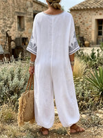 Boho Linen V Neck 3/4 Sleeve Pocket Jumpsuit