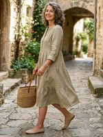 Women's Solid Mandarin Collar Half Placket 3/4 Sleeve Tiered Linen Midi Dress