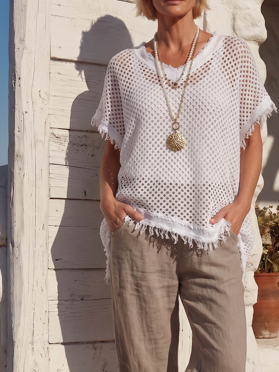 Vintage Art Comfortable Summer Fabrics Cut Out Mesh Knit Patchwork Raw Edges Shirt
