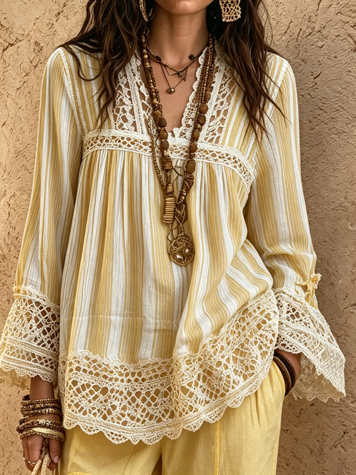 Women's Striped Lace-Trim Boho Tunic