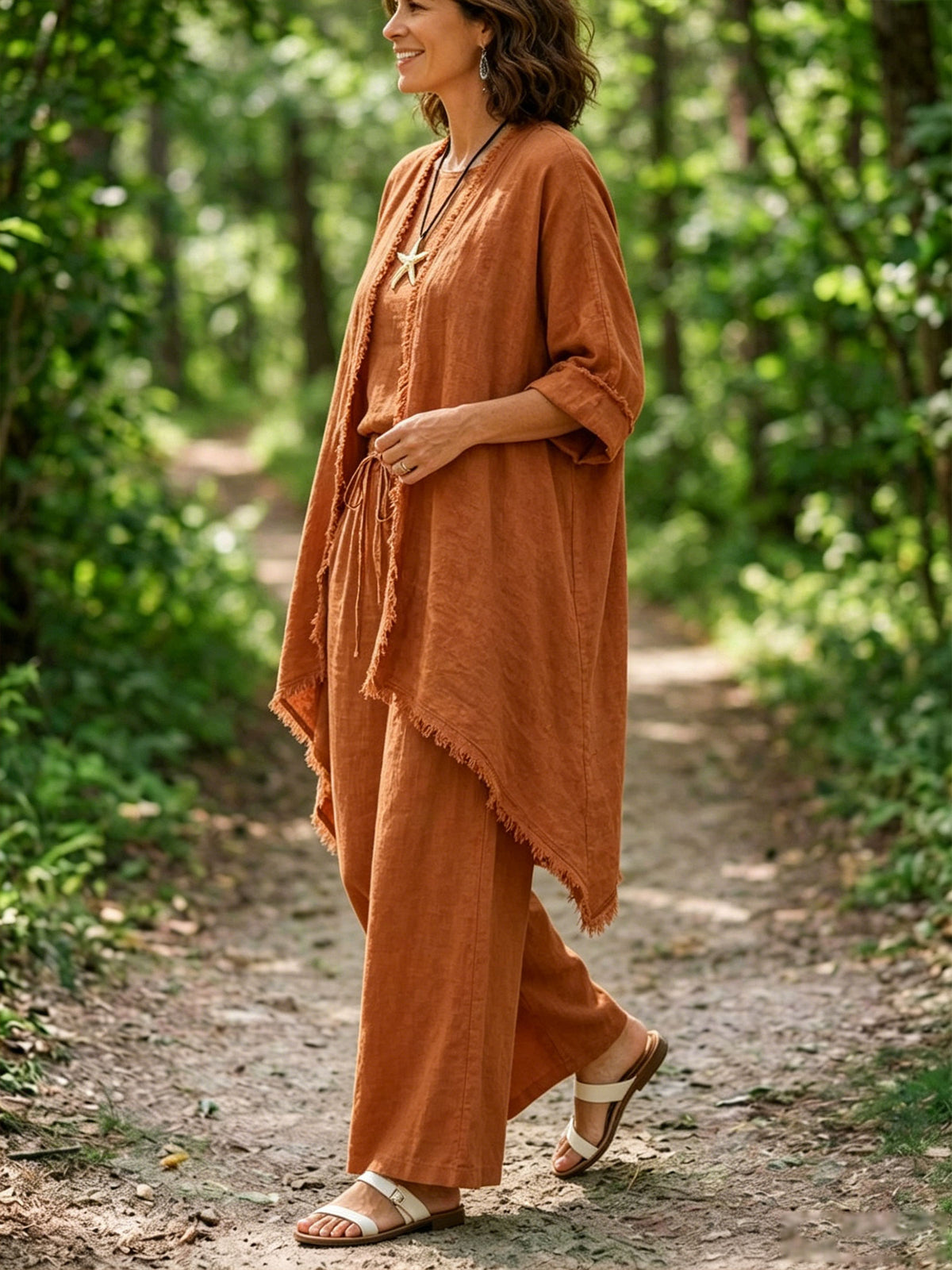 Womens Terracotta Frayed Trim Linen 3 Piece Outfit, Tank Top + Fringe Kimono Cardigan & Drawstring Wide Leg Pants Set