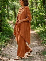 Womens Terracotta Frayed Trim Linen 3 Piece Outfit, Tank Top + Fringe Kimono Cardigan & Drawstring Wide Leg Pants Set