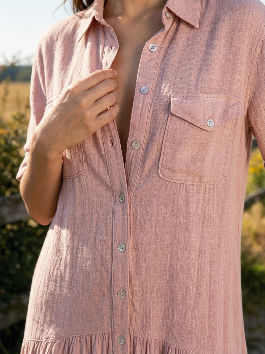 Women's Cotton Linen Pocket Shirt Maxi Dress With Ruffled Hem