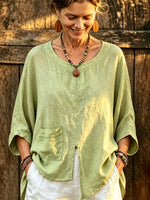 Women’s Split Hem Linen Blouse, Pocket 3/4 Sleeve Loose Casual Top