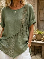 Women Solid Crochet Patch Roll Sleeve Linen Top