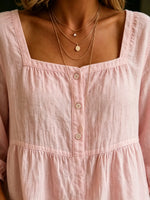 Women's Solid Square Neck Half Button Ruched 3/4 Puff Sleeve Cotton Linen Blouse