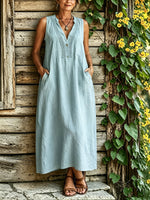 Women’s Casual Cotton V Neck Sleeveless Bottom Pocket Maxi Dress