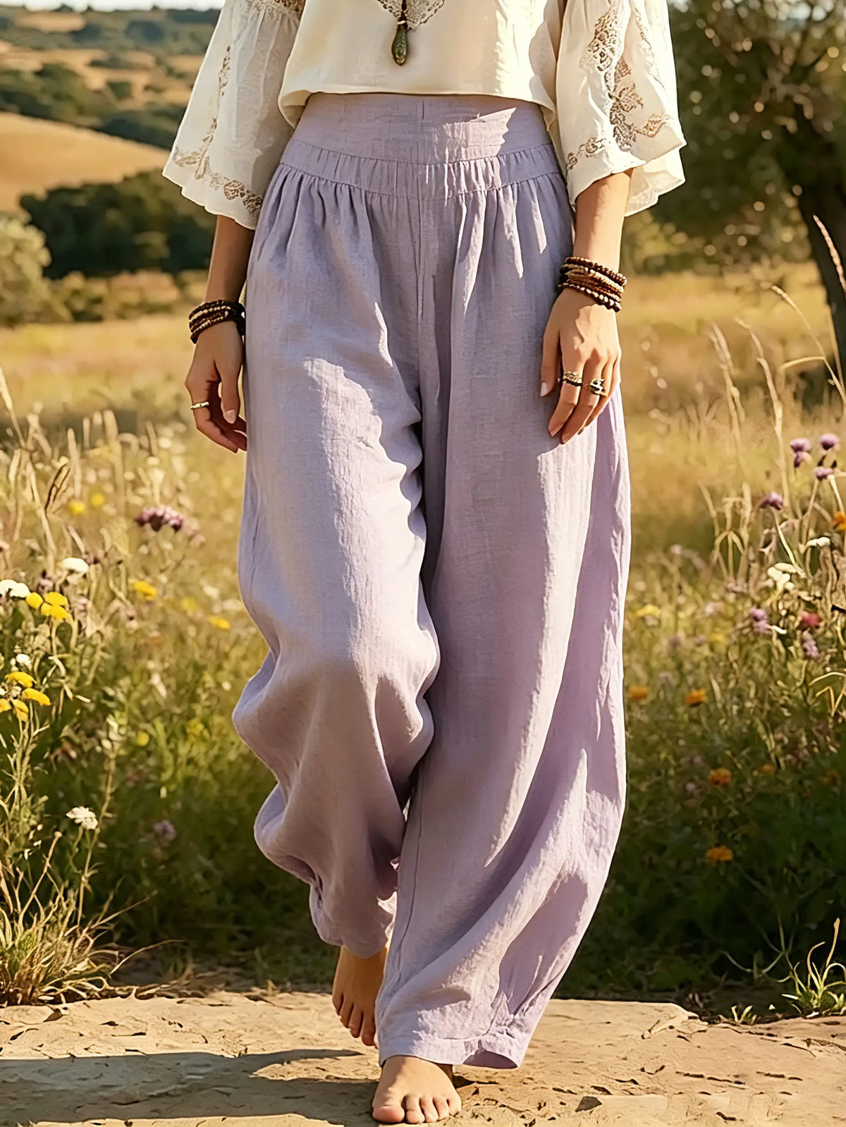 Women's Solid Textured Elastic Waist Linen Wide Leg Harem Pants