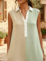 Women Two-Tone Color Block Vertical Ribbed Collar Sleeveless Wide Leg Jumpsuit