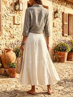 Women Solid Linen Tie Front Collar Shirt & Irregular Patch Maxi Skirt 2 Piece Set