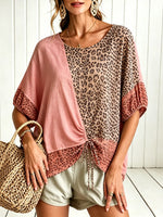 Women Pink Leopard Color Block Drawstring Hem Short Sleeve Top