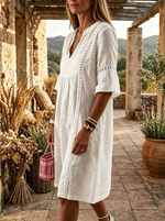 Lace-Trimmed Linen Midi Dress