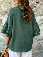 Women Solid Eyelet Ruffle Collar 3/4 Sleeve Linen Blouse