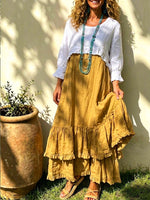 Women’s Ruffled Linen Two-Piece Outfit: Cropped Blouse & Tiered Maxi Skirt