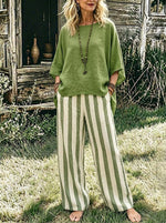 Womens Solid Cotton Linen Blouse & Vertical Stripe Wide Leg Pants 2 Piece Outfit Set