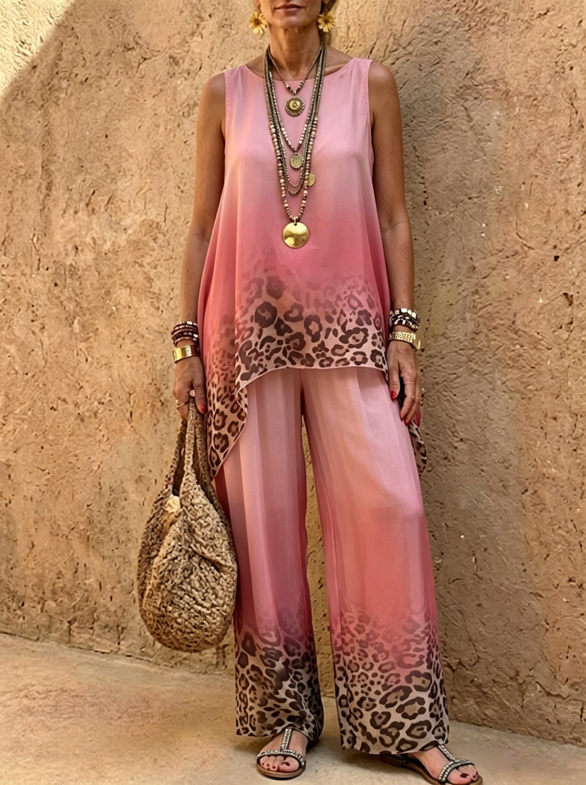 Women's Pink Leopard Ombre Sleeveless Set