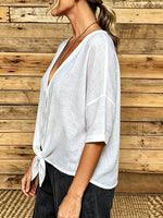 Casual V-Neck Front Tie Linen Shirt 5 Sleeve Textured Cropped Button Blouse