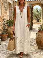 Bohemian Eyelet Sleeveless V Neck Linen Maxi Dress