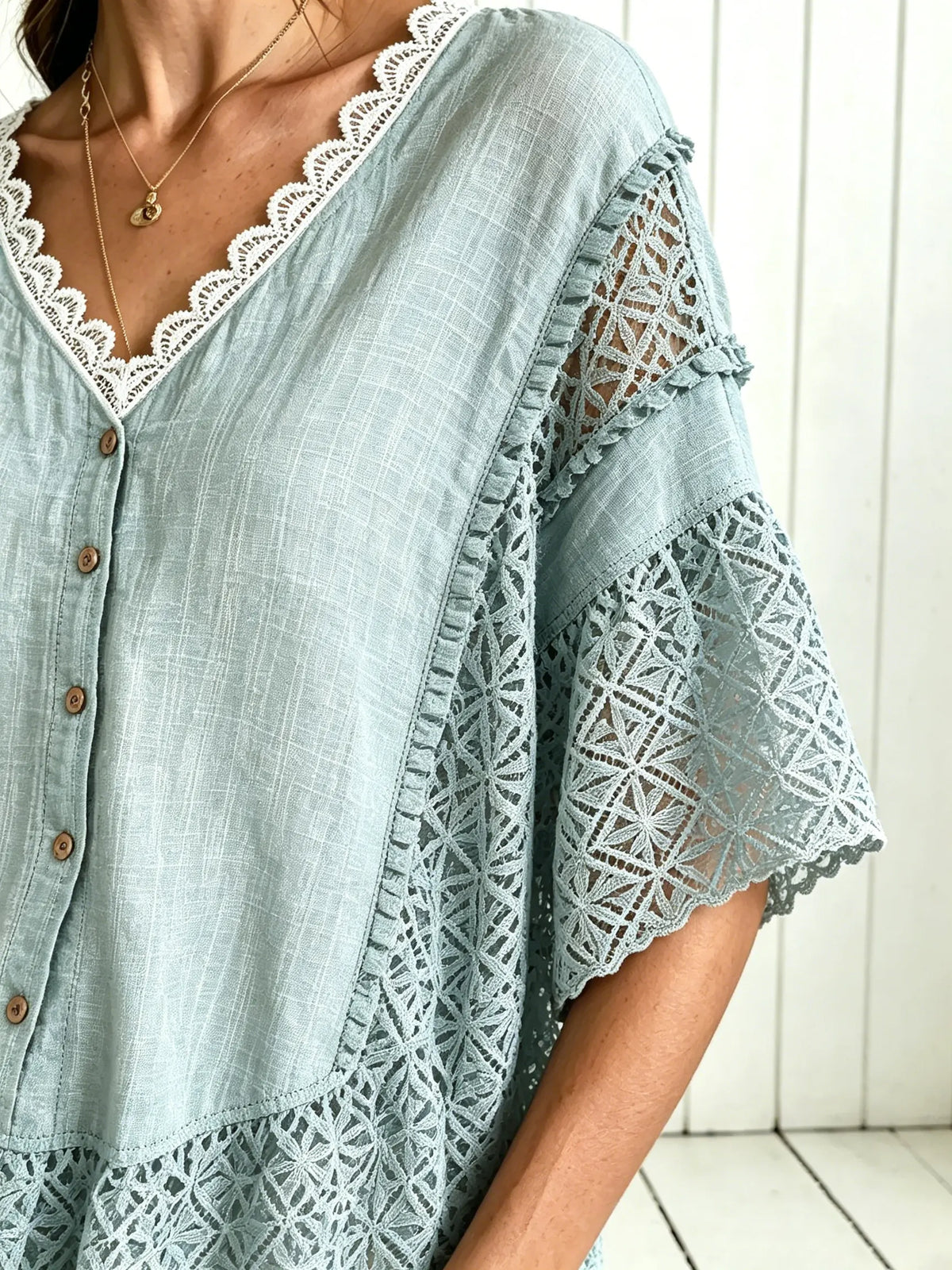 Women Solid Eyelet Lace Panel V Neck Loose Shirt