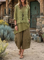 Women's Solid Vest Three Quarter Sleeve Tunic Linen Cropped Pants 3 Piece Outfit