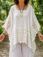 Women’s Square Neck Floral Lace Batwing Sleeve Cotton Linen Tunic