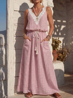 Vintage Art Comfortable Summer Fabrics Cotton Linen Patchwork Lace Dress