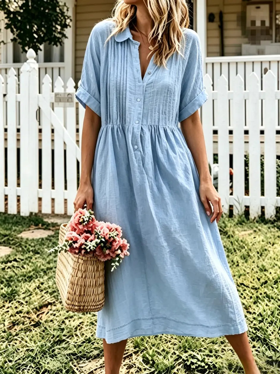 Women's Solid Front Pleated Collar Button Down Roll Sleeve Linen Midi Dress