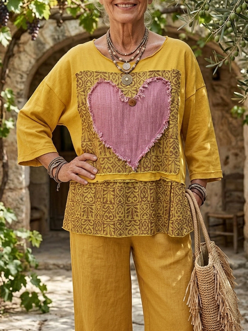 Women's Heart Patchwork Printed Loose Top