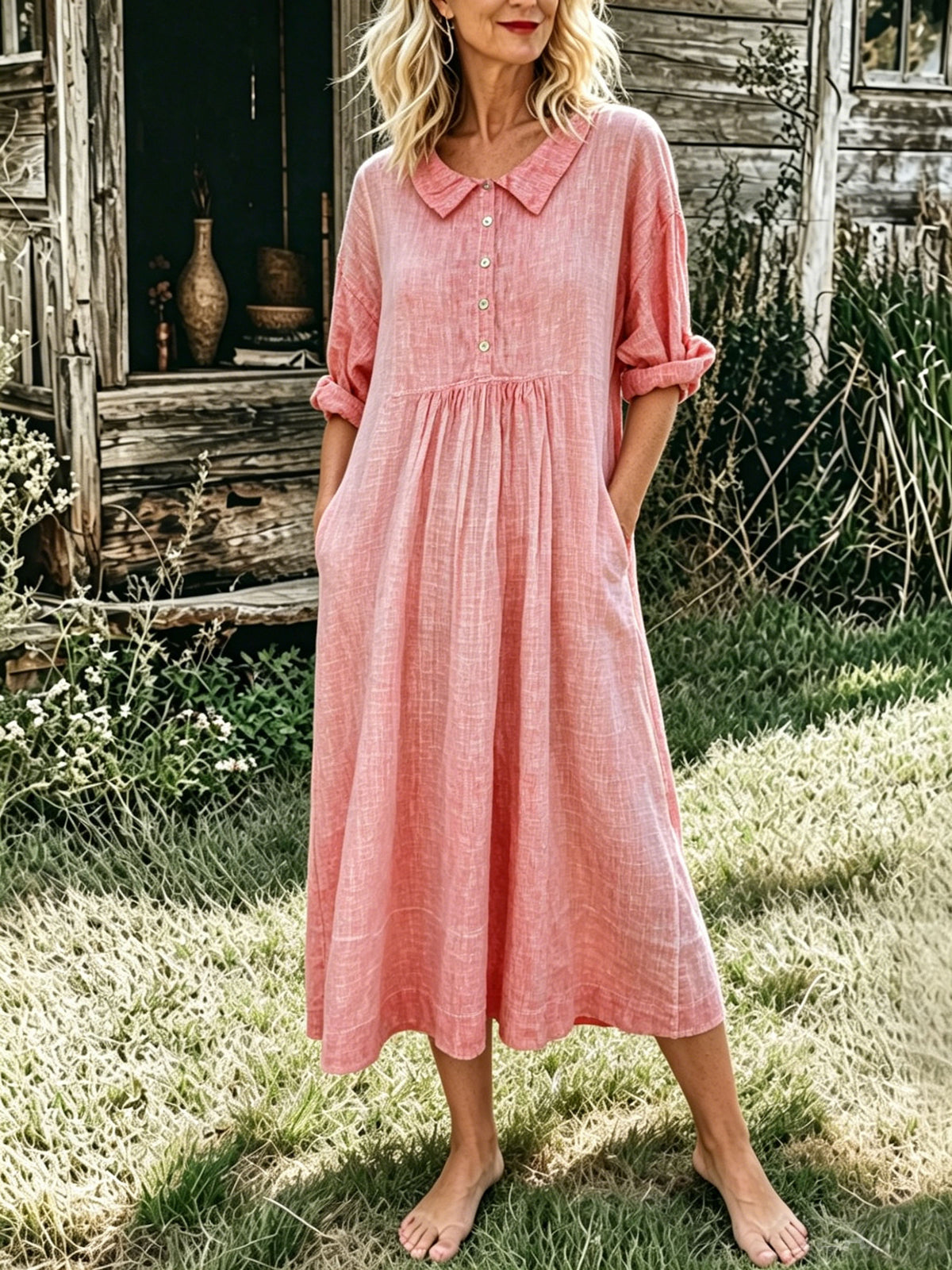 Women’s Casual Cotton And Linen Bottom Pocket Dress